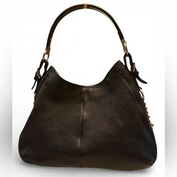 Sergio Rossi Large Black Pebbled Leather Hobo Handbag With Wooden Handle - Picture 2 of 12